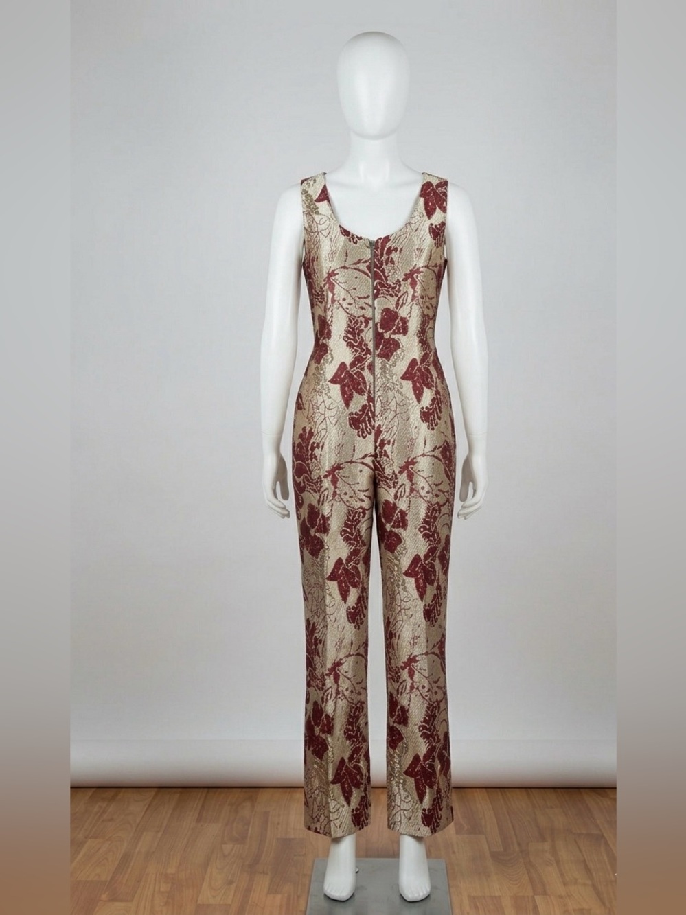 Floral Jacquard Sleeveless Jumpsuit in Beige and Burgundy